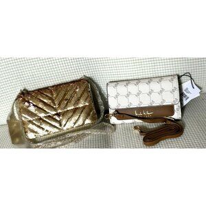 2- Nicole Miller handbags with Straps, 1-Gold Sequined, 1-White/Brown, NWT